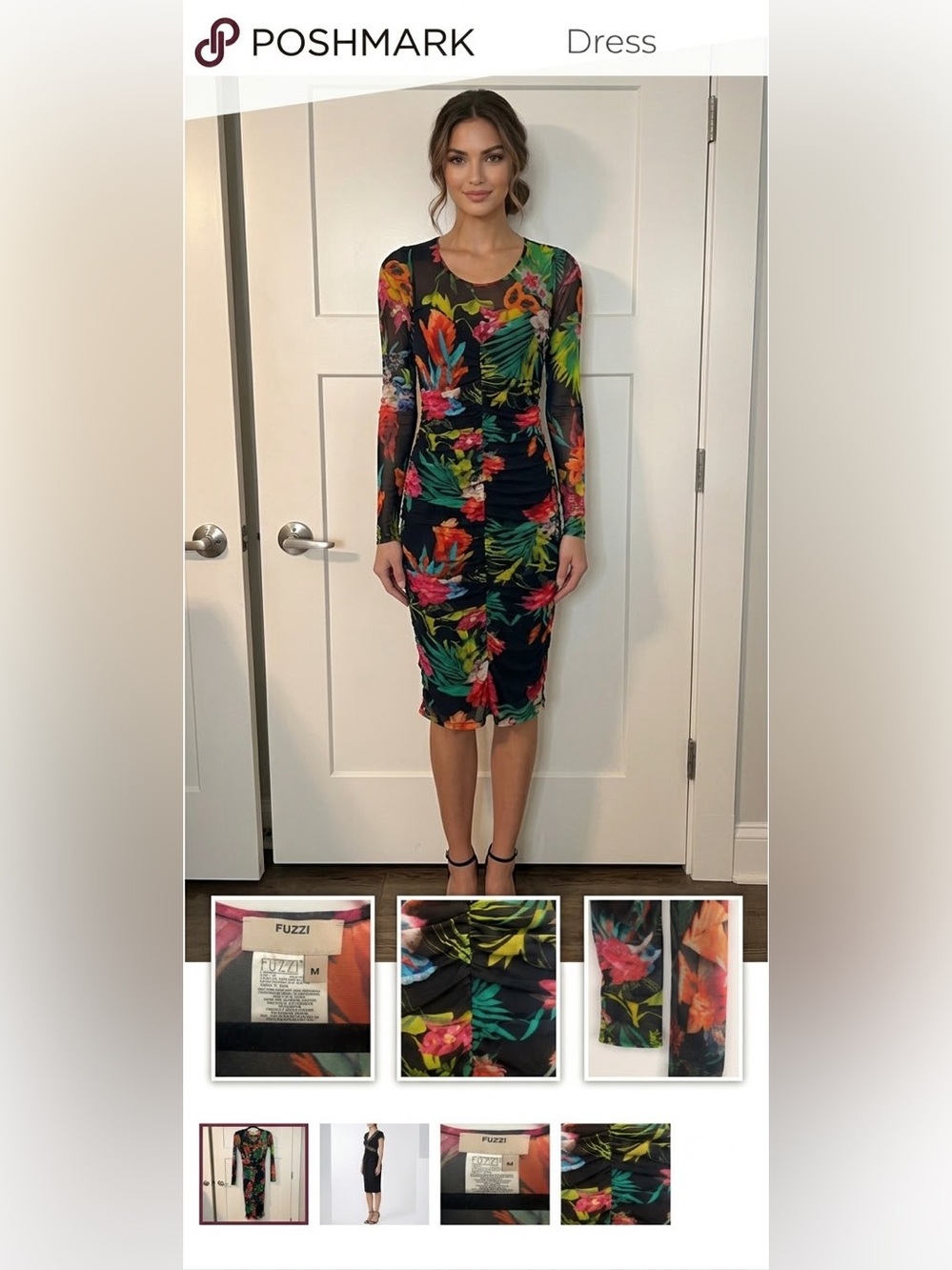 FUZZI Made in Italy Floral Mesh Ruched Bodycon Midi Dress M